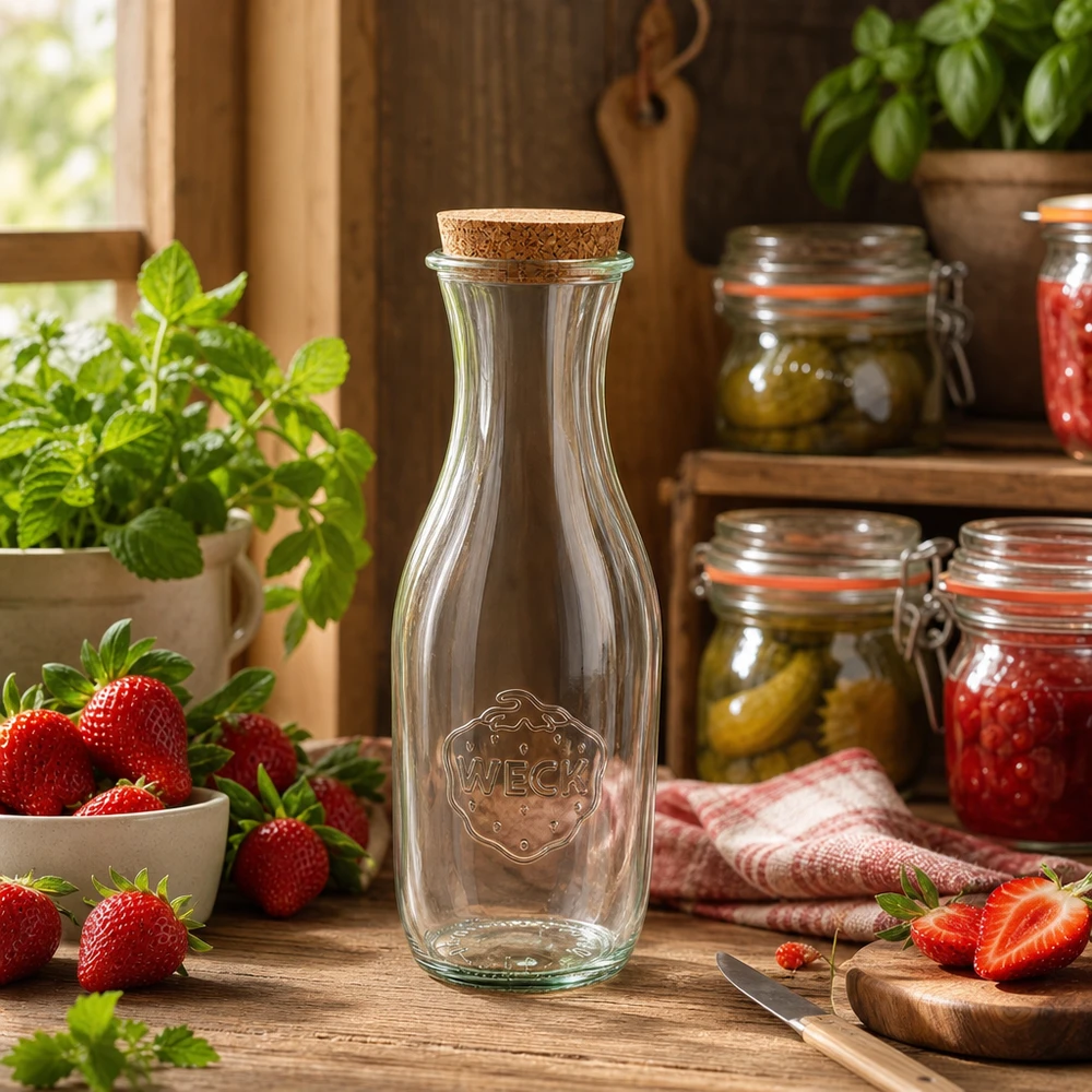 Botella de cristal WECK 1062ml en cocina rústica decorada con fresas frescas y tarros de conserva