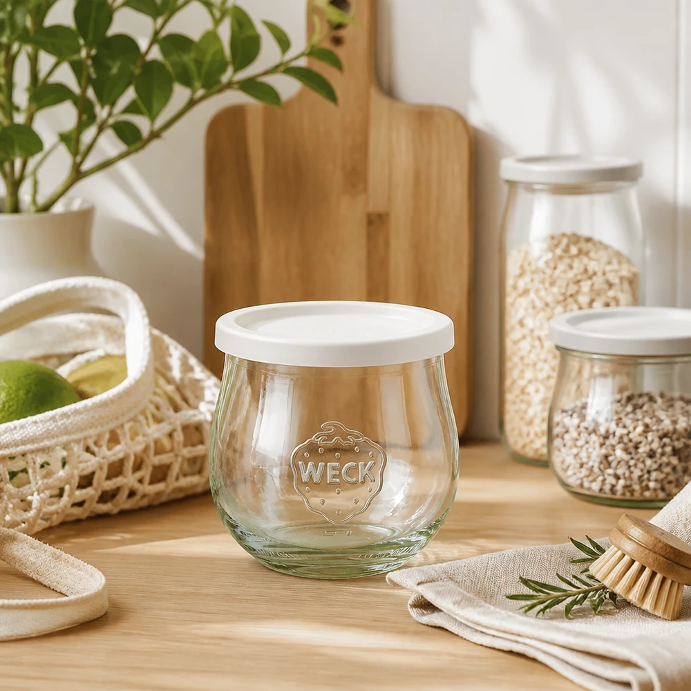 Tarro tulipán WECK 370ml RR80 decorado en un ambiente de cocina natural con utensilios de madera y tarros de almacenaje