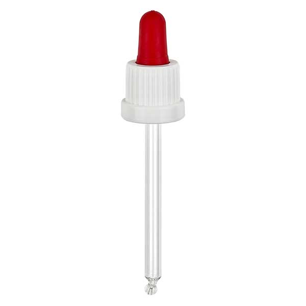 Pipeta cuentagotas de vidrio blanco/rojo 18mm PL85 cierre inviolable Pipeta cuentagotas de vidrio blanco/rojo 18mm PL85 cierre inviolable