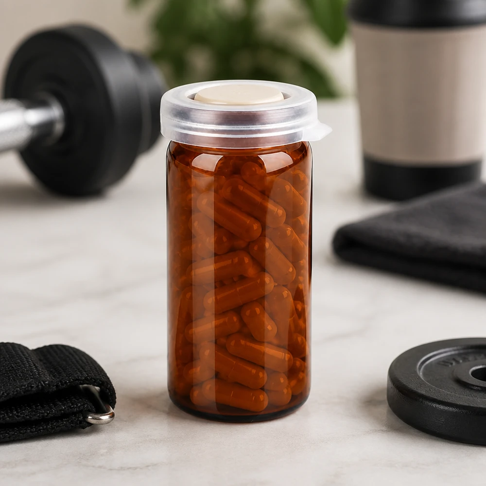 Frasco farmacéutico marrón de 10 ml con tapa a presión y cápsulas naranjas, delante de un banco de pesas y material deportivo