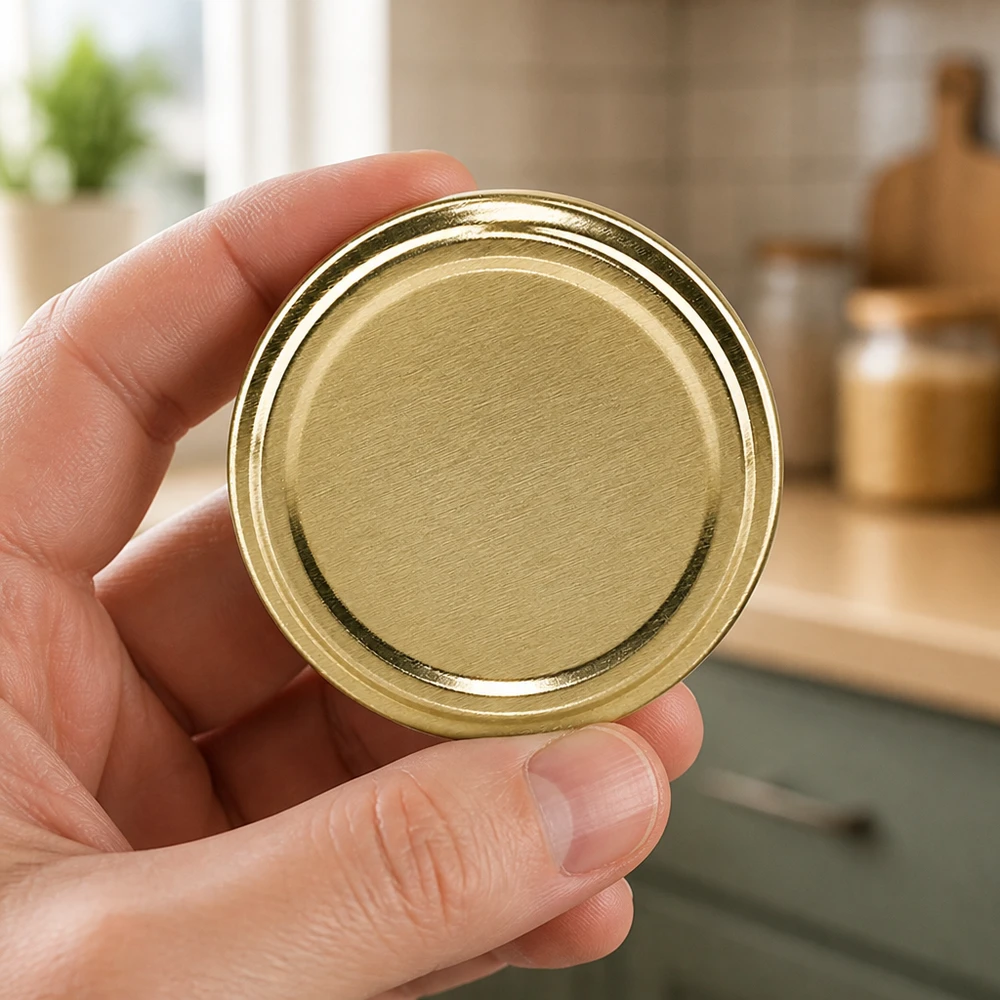 Una mano sostiene una tapa dorada TO66 Twist-Off UNiTWIST BioSeal BPA-NI unitemp en la cocina