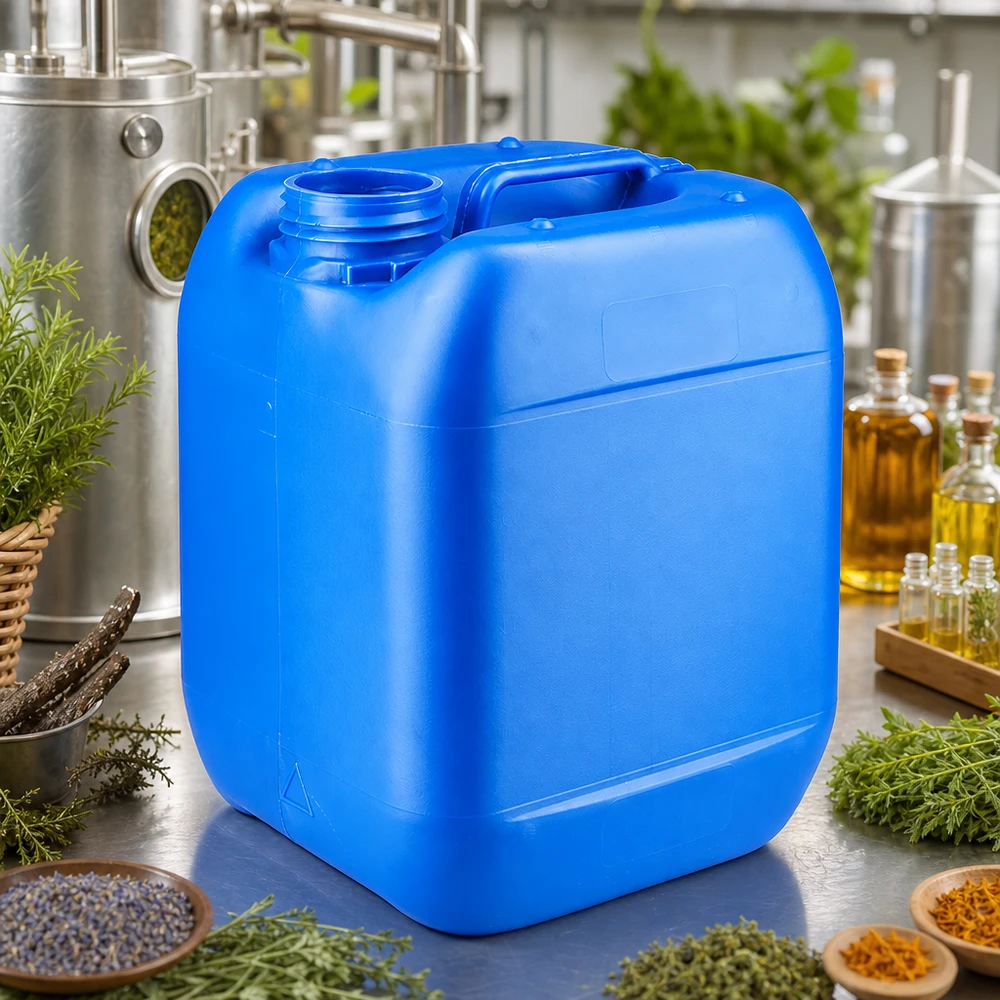 Bidón de plástico azul de 5 litros sin tapón, rodeado de hierbas y aceites esenciales