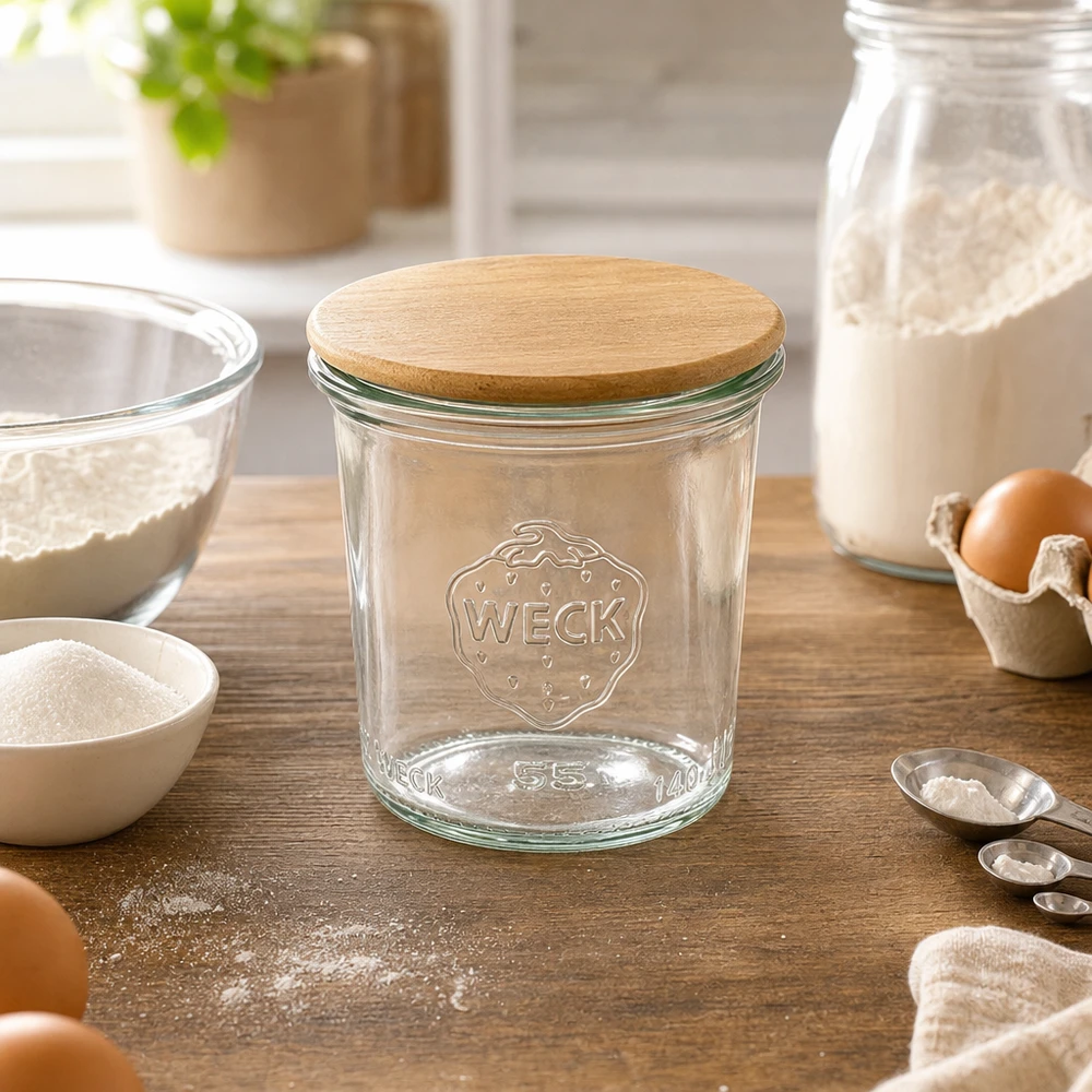Vaso WECK RR60 de 140ml con tapa de madera WECK 140ml RR60 mason jar con tapa de madera en la cocina de panadería con harina, huevos e ingredientes para hornear para el almacenamiento