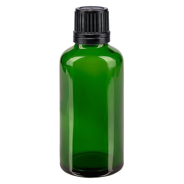 Botella de farmacia verde 50ml tapón rosca anillo vertedor negro cierre inviolable Botella de farmacia verde 50ml tapón rosca anillo vertedor negro cierre inviolable