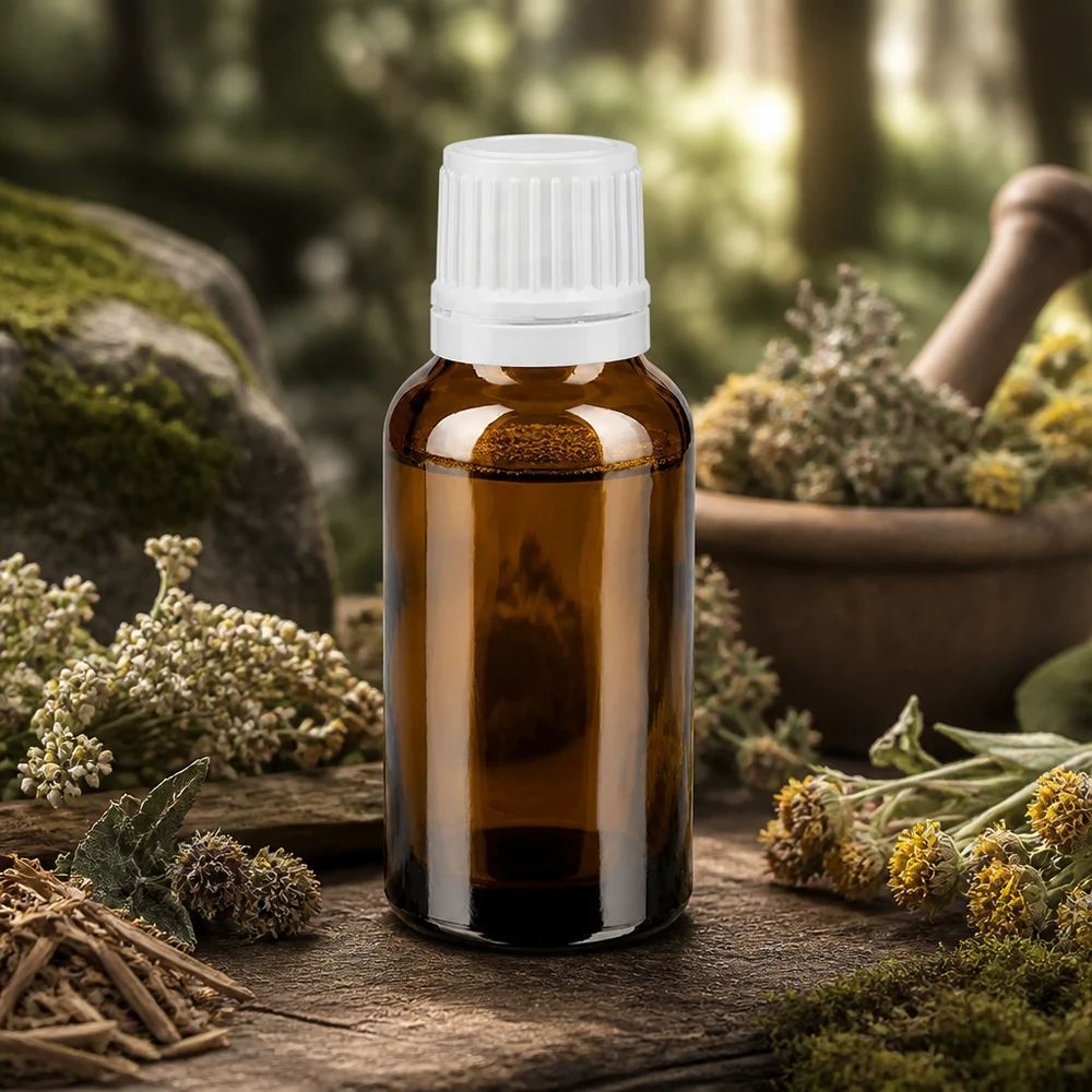 Frasco opaco de 20 ml de ApoGlas con tapón OV blanco, rodeado de hierbas medicinales y un mortero