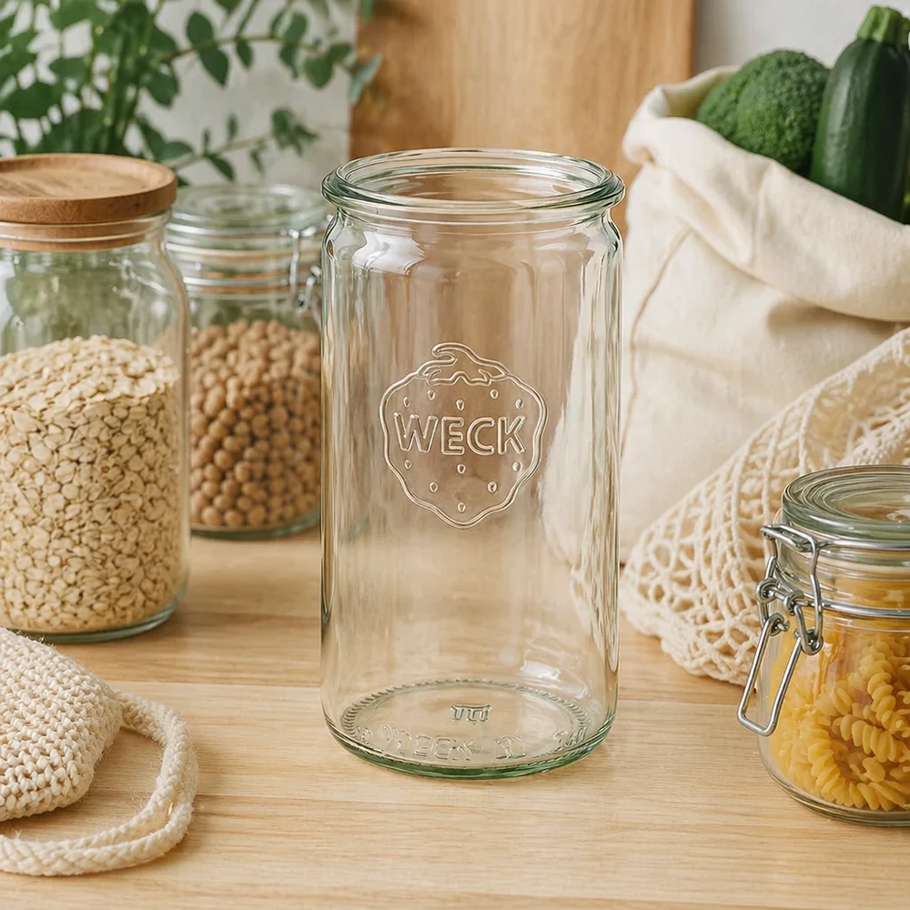 Frasco cilíndrico de cristal WECK RR60 de 340 ml WECK tarro cilíndrico 340ml RR60 en cocina sostenible de residuo cero con tarros de almacenamiento y bolsas de algodón
