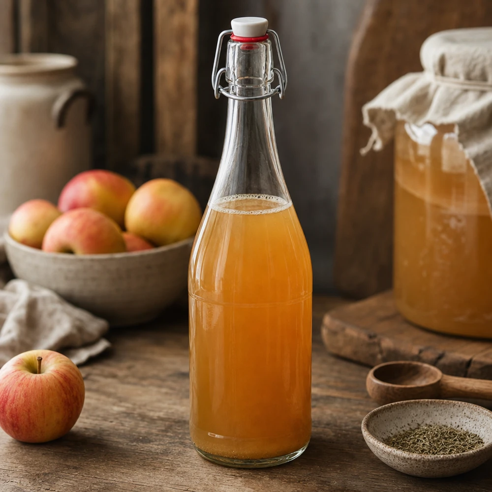 Botella de cristal de 750ml con tapa oscilante llena de zumo de manzana cocina rustica fruta mesa de madera naturalmente casera