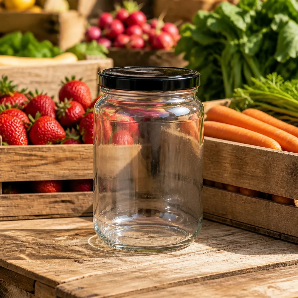 Tarro redondo de 1700ml con tapa BasicSeal negra UNiTWIST Tarro redondo vacío de 1700ml tapa BasicSeal puesto del mercado negro fruta fresca verduras tarro de conserva