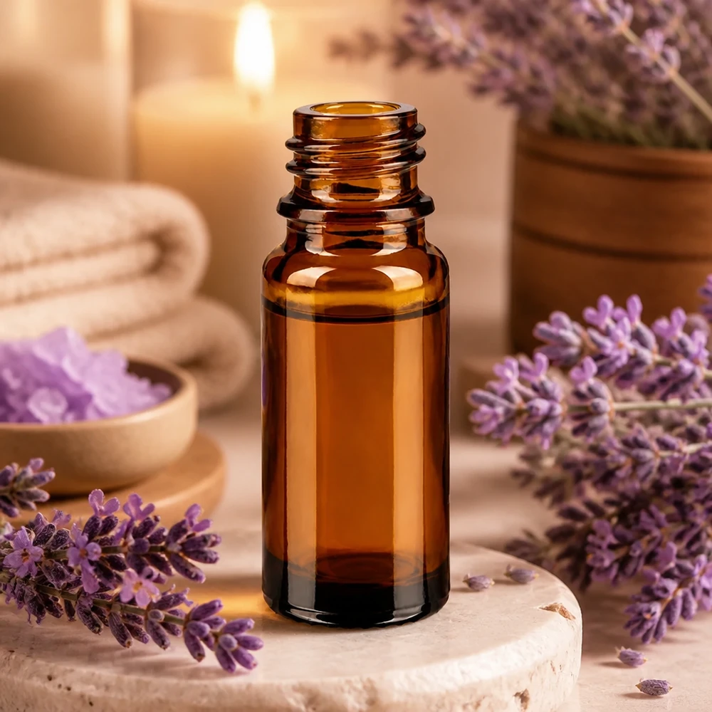 Frasco boticario marrón ApoGlas de 10 ml con lavanda y accesorios de bienestar en un relajante entorno de spa