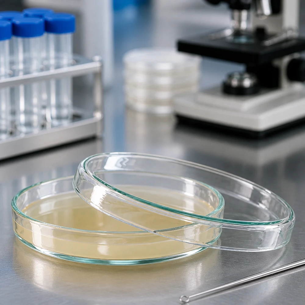 Placa Petri de vidrio 90x15mm Placa de Petri de 90 x 15 mm de cristal transparente con agar nutritivo de color amarillento, colocada sobre una superficie de acero inoxidable