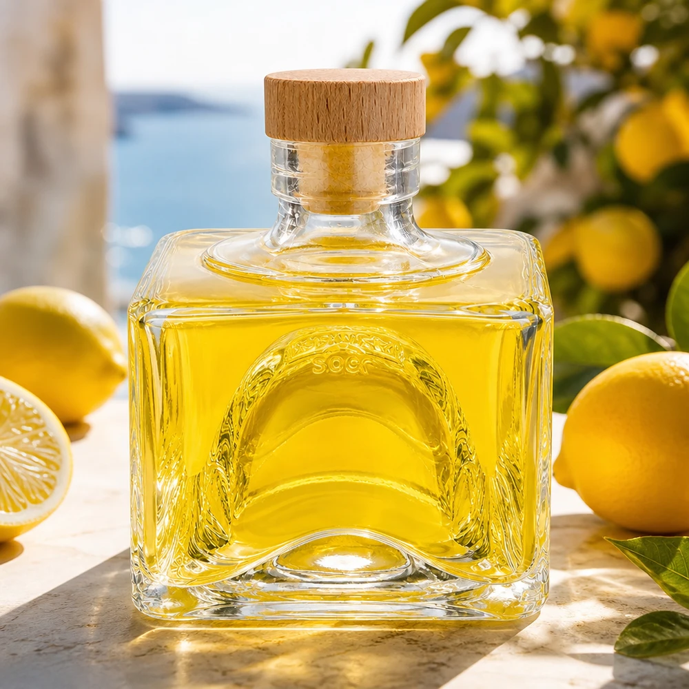 Glasflasche Bob 200ml mit gelbem Inhalt und Holzkorken, dekorativ arrangiert mit Zitronen im mediterranen Ambiente