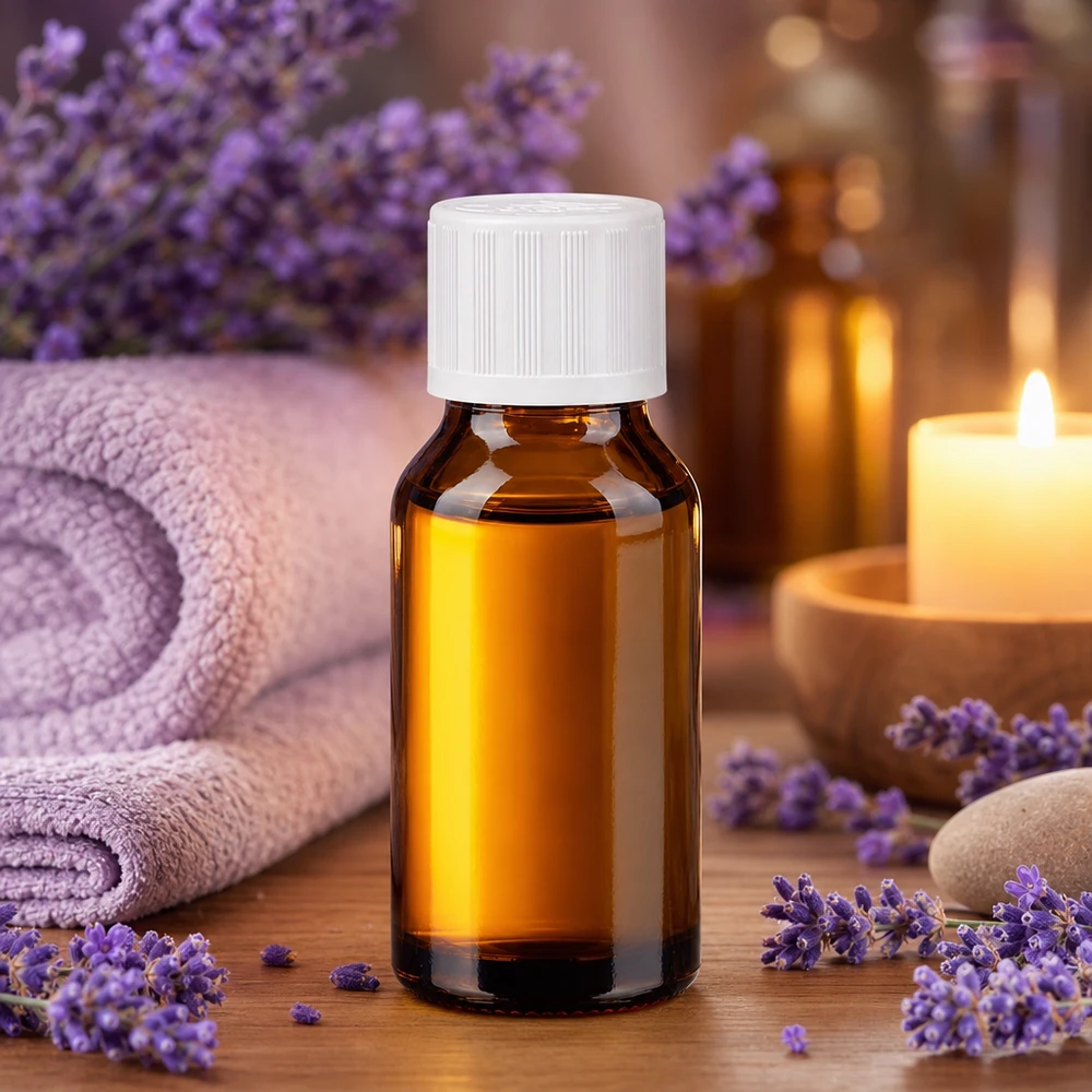 Frasco de cristal marrón de 30 ml con tapón de seguridad para niños de color blanco, junto a flores de lavanda y una vela