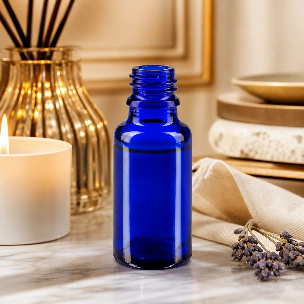 Frasco ApoGlas azul cobalto de 20 ml con protección UV para sustancias y esencias fotosensibles