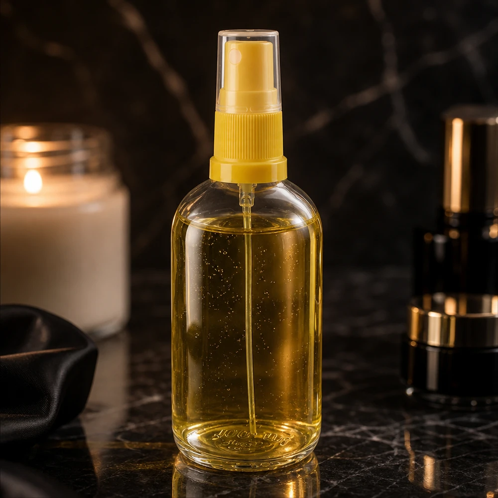 Frasco pulverizador de 100 ml amarillo/transparente tapón estándar ClearLine UT18/100 Frasco redondo ClearLine UT18 de 100 ml con pulverizador amarillo sobre fondo de mármol negro