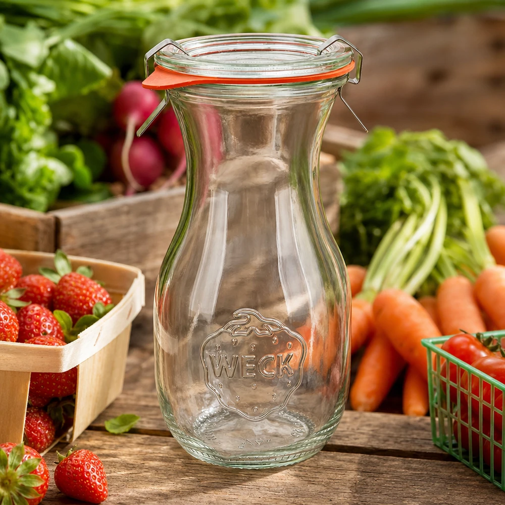 Botella de zumo WECK 290ml RR60 vacía con tapa abatible entre frutas y verduras frescas sobre una mesa de madera rústica