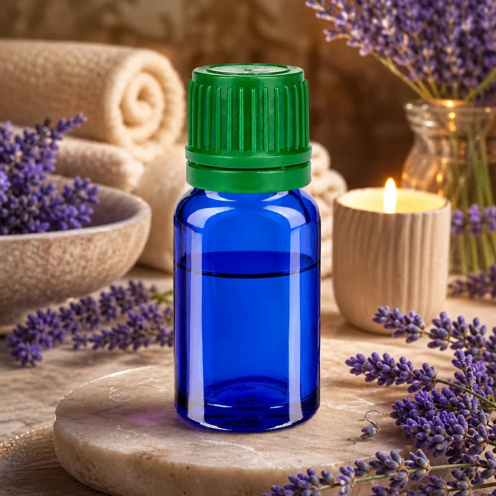 Frasco de 10 ml con tapón de rosca de 11 mm y precinto de seguridad verde BlueLine UT18/10 Frasco de vidrio de 10 ml en azul cobalto con tapón verde a prueba de niños para un almacenamiento seguro