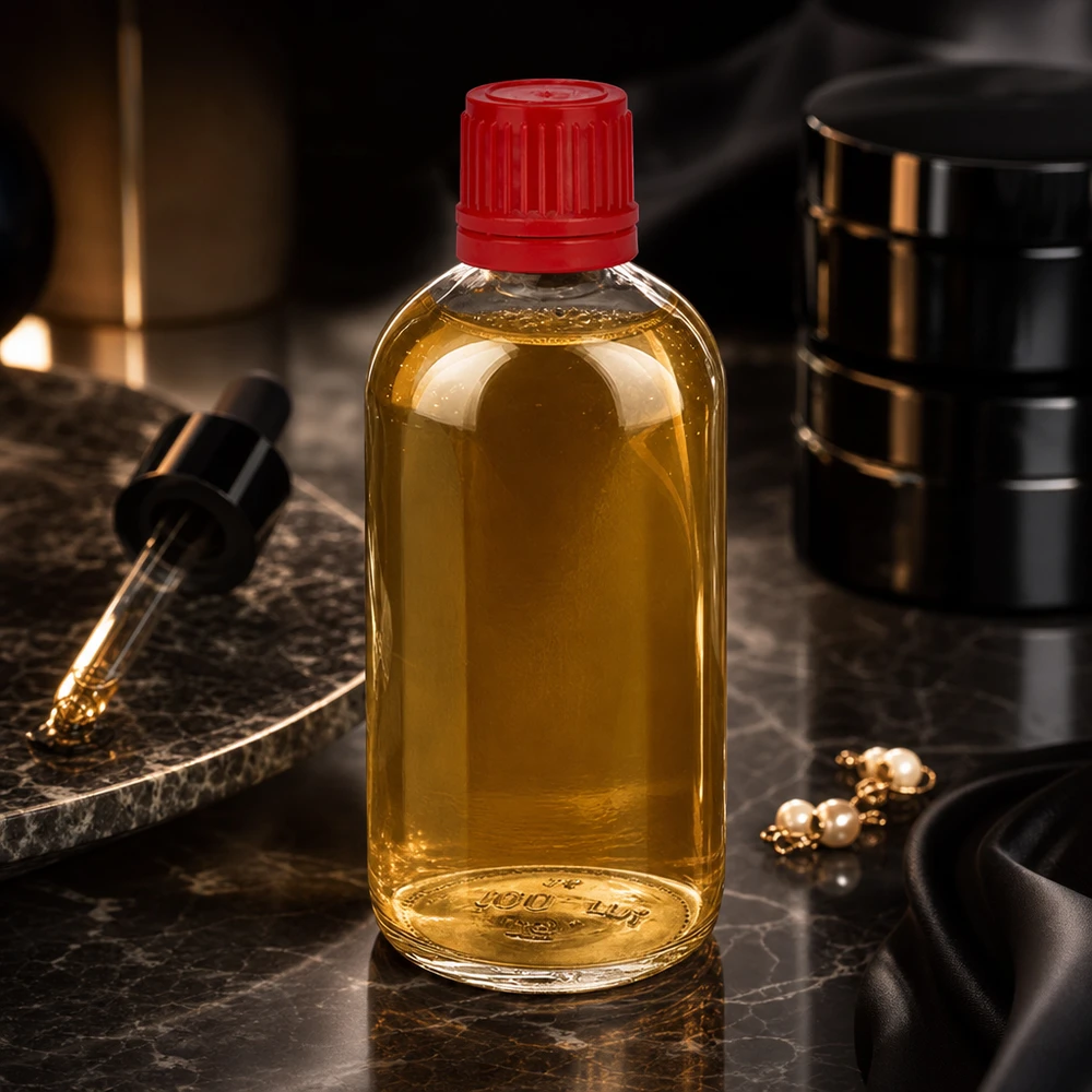 Botella ClearLine de 100 ml con aceite vegetal dorado, etiqueta roja «SV» y tapón de seguridad sobre fondo de mármol