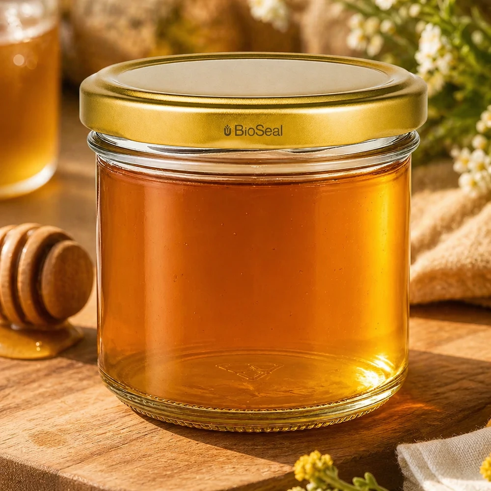 Vasos UNiTWIST 125ml llenos de miel - tapa dorada TO66 BioSeal sobre tabla de madera con cuchara para miel
