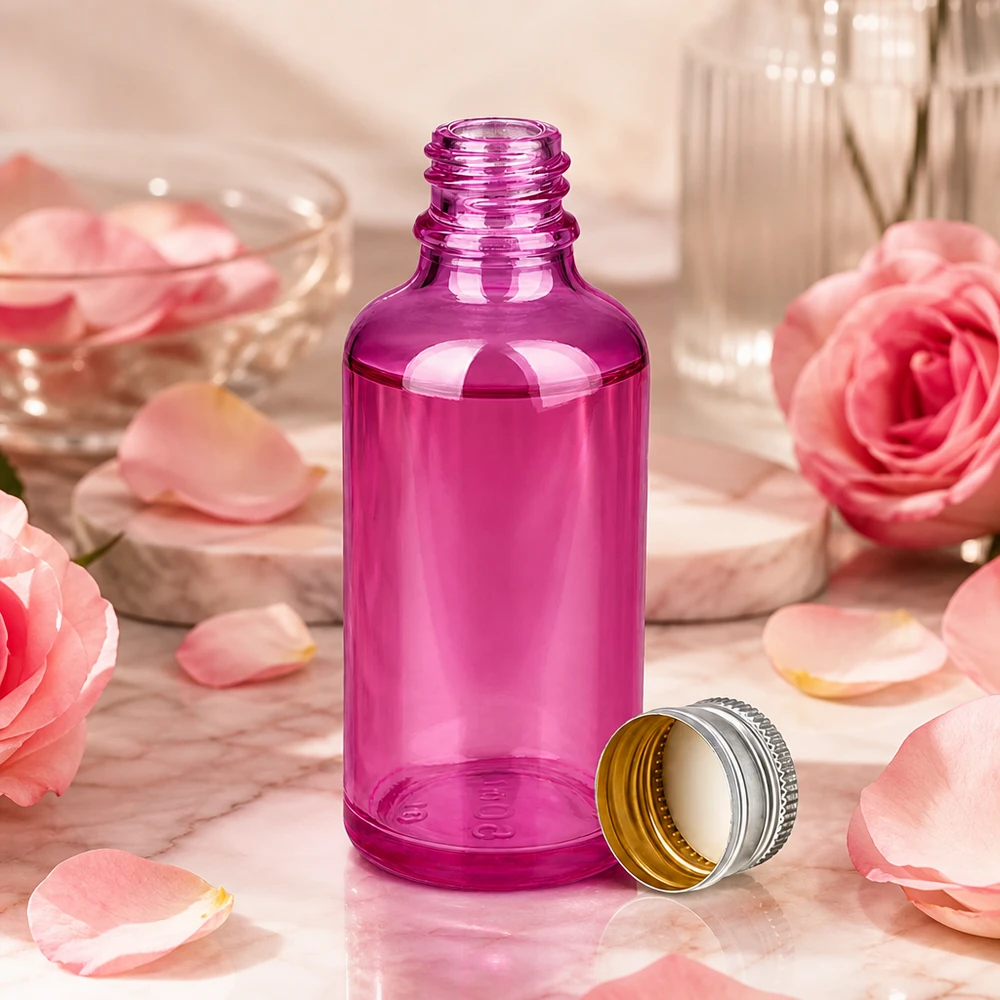 Frasco de cristal morado de 50 ml con tapón plateado - perfecto para cosmética DIY y cosmética natural