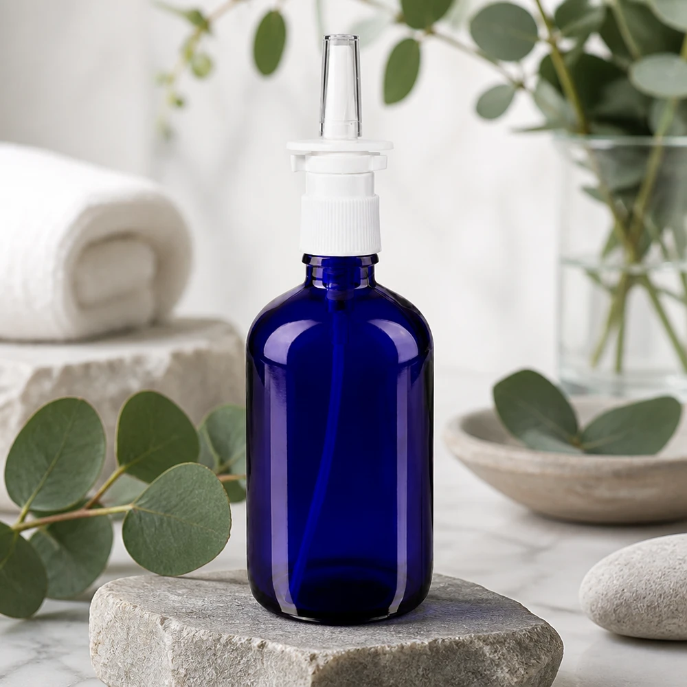 Botella de farmacia azul 100ml spray nasal blanco estándar Frasco de farmacia azul de 100 ml con aplicador nasal sobre una piedra natural delante de un eucalipto