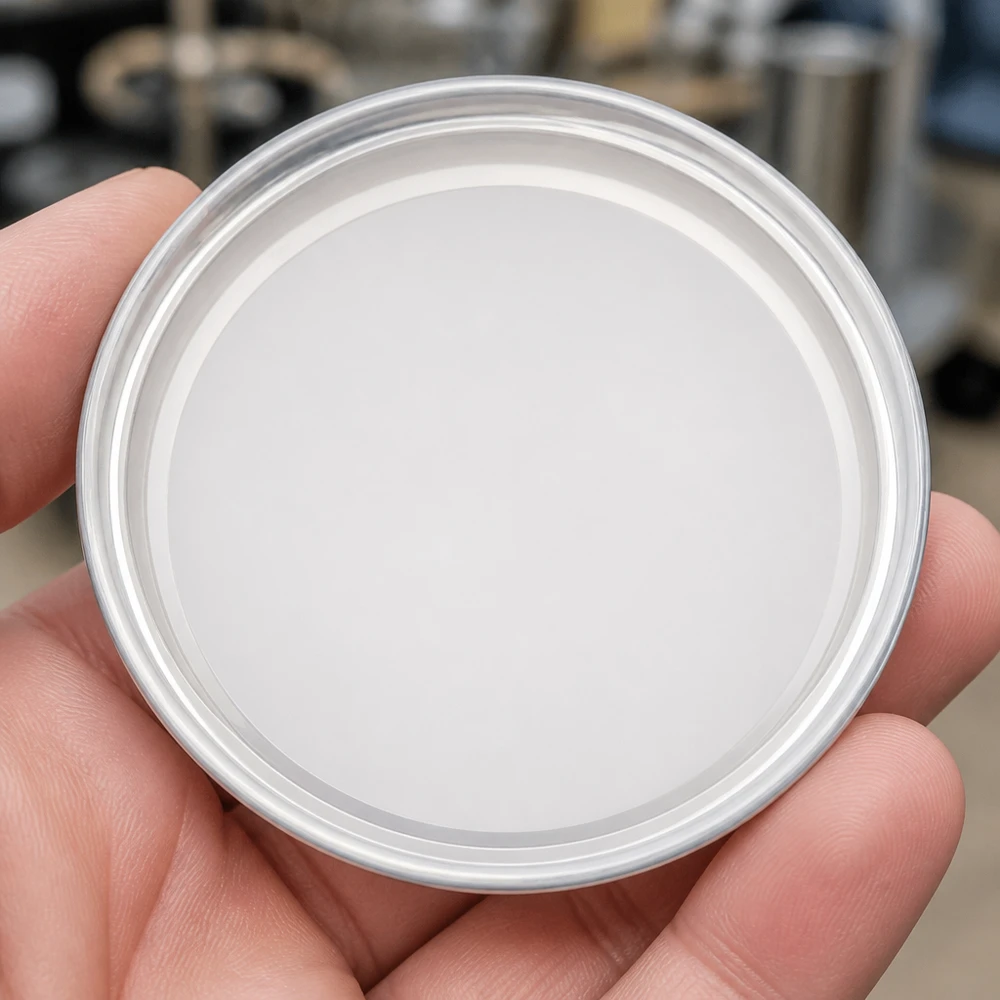 Tapa BasicSeal de 63 mm, blanca (TO63) UNiTWIST Tapa metálica blanca individual de 63 mm, modelo TO63 BasicSeal, fotografiada desde arriba, UNiTWIST
