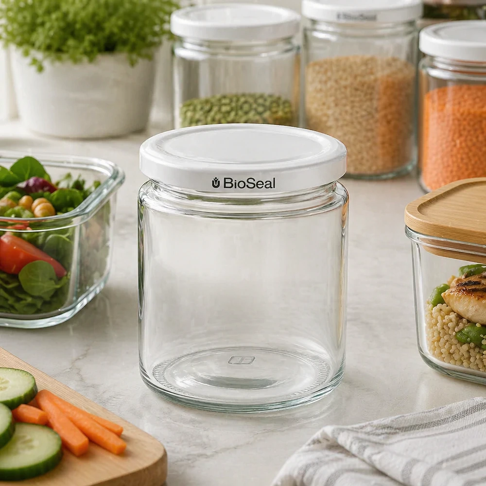 Tarro para miel de 350 g con tapa blanca BioSeal UNiTWIST Tarro de miel de 250 ml con tapa blanca BioSeal vacío en una cocina moderna entre tarros de almacenaje y alimentos frescos