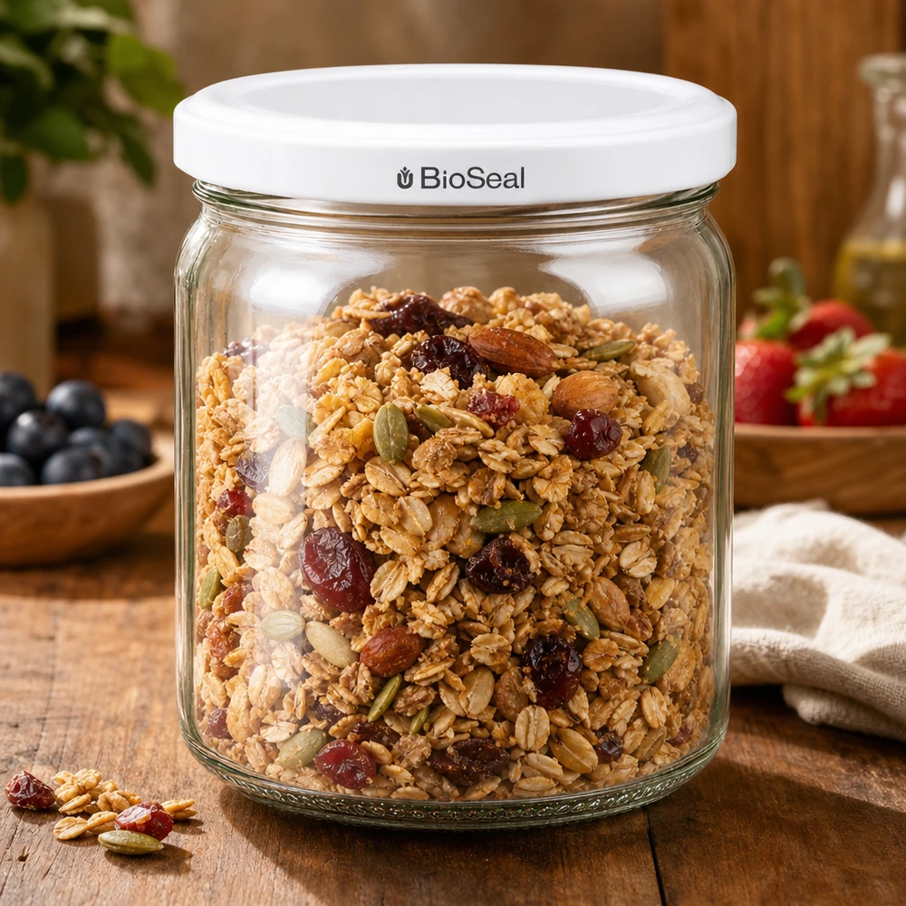 Tarro redondo de 408ml con tapa blanca BioSeal UNiTWIST UNiTWIST Runda408 tarro lleno de muesli - práctico almacenamiento de alimentos con cierre BioSeal