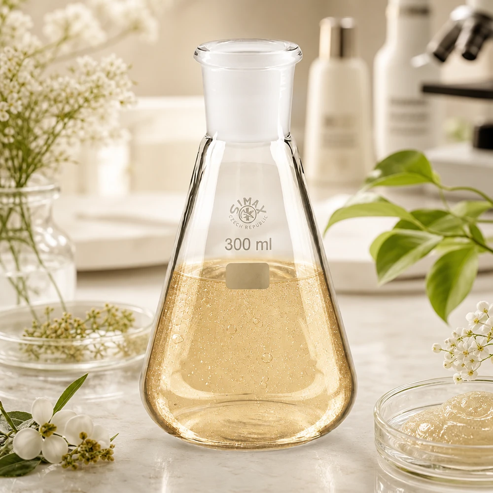 Matraz Erlenmeyer 300ml con junta esmerilada estándar 29/32 y solución amarilla dorada para experimentos científicos