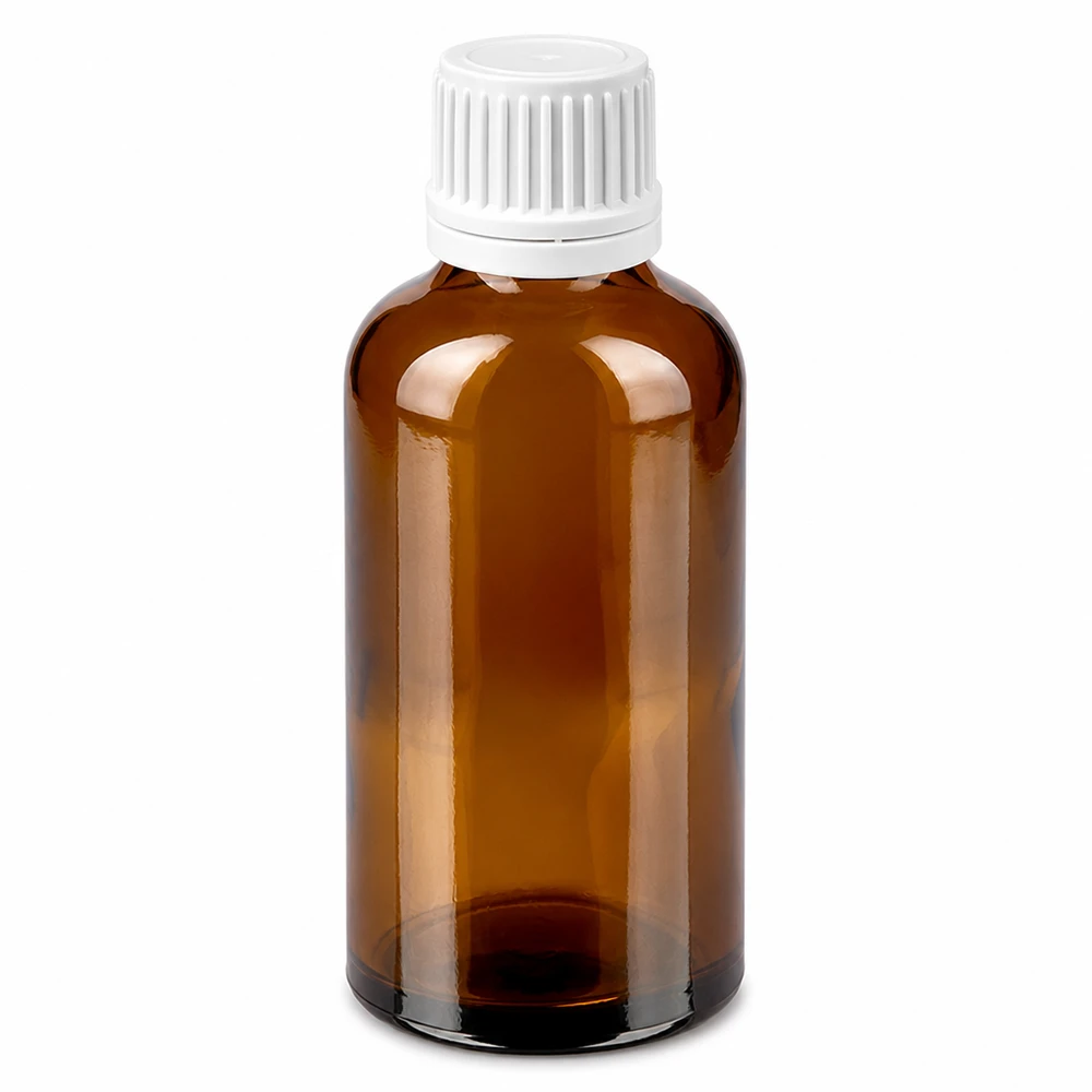 Frasco de vidrio ámbar de 50 ml con tapón de rosca blanco para medicamentos y cosméticos