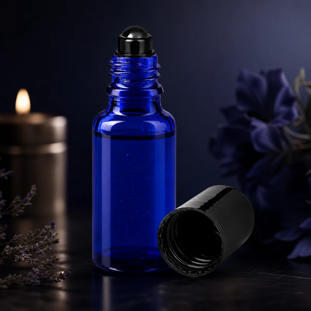 Pequeño frasco de farmacia azul de 20 ml con aplicador de bola rodante y tapón negro extraíble