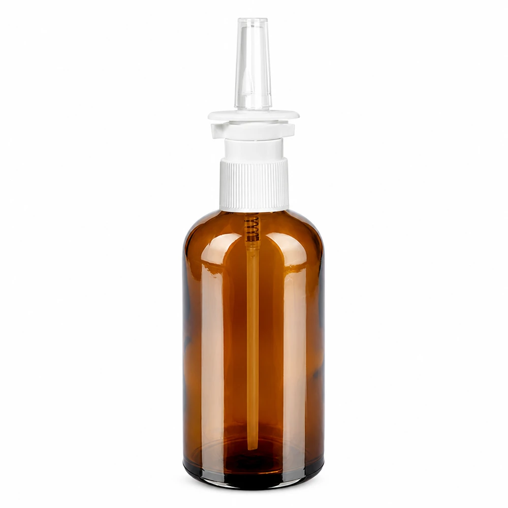 Pulverizador nasal marrón de 100 ml con cabezal transparente para aplicaciones médicas