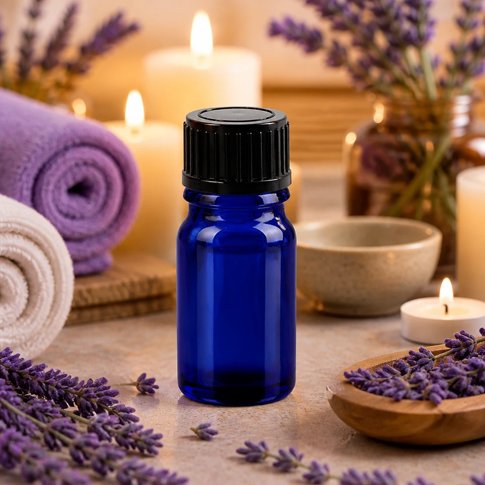 Frasco compacto de cristal de 5 ml en elegante azul cobalto con práctico tapón antigoteo para aromaterapia