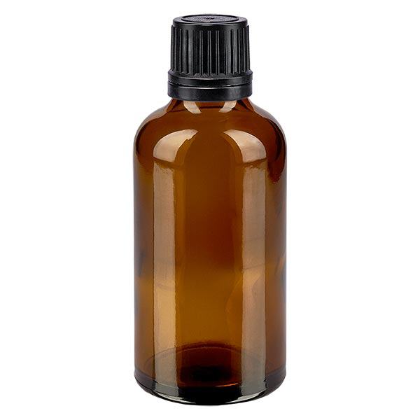 Botella de farmacia marrón 50ml tapón rosca anillo vertedor negro precinto inviolable Botella de farmacia marrón 50ml tapón rosca anillo vertedor negro precinto inviolable
