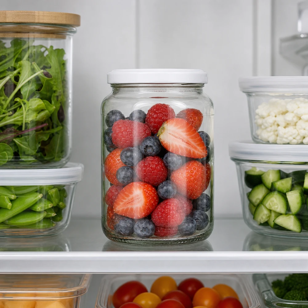 Tarro redondo de 1700 ml con tapa BasicSeal en el frigorífico para guardar bayas, frutas y verduras frescas