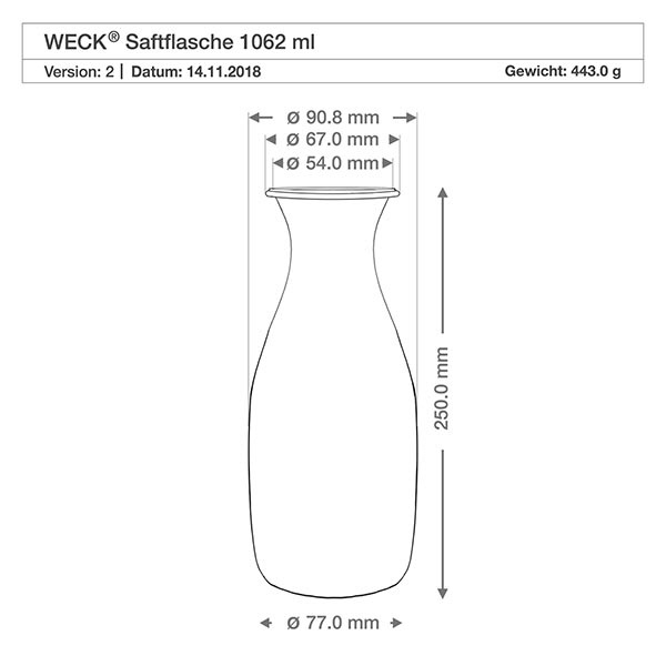 1062ml botella de zumo WECK RR60 con corcho natural Dibujo técnico botella de zumo WECK 1062ml RR60 con dimensiones y especificaciones para botella de vidrio