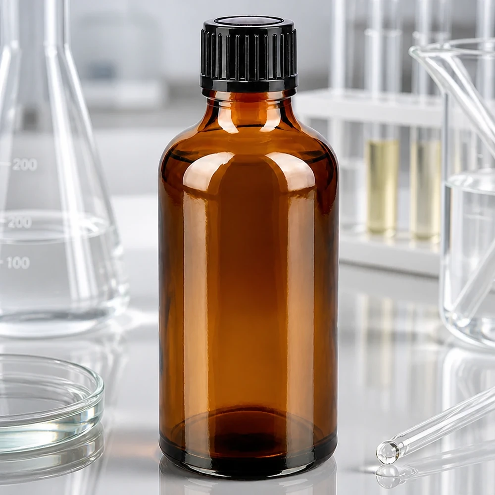 Botella de farmacia marrón 50ml tapón de rosca negro estándar Frasco opaco de 50 ml de vidrio ámbar con tapón de plástico negro para uso en laboratorio