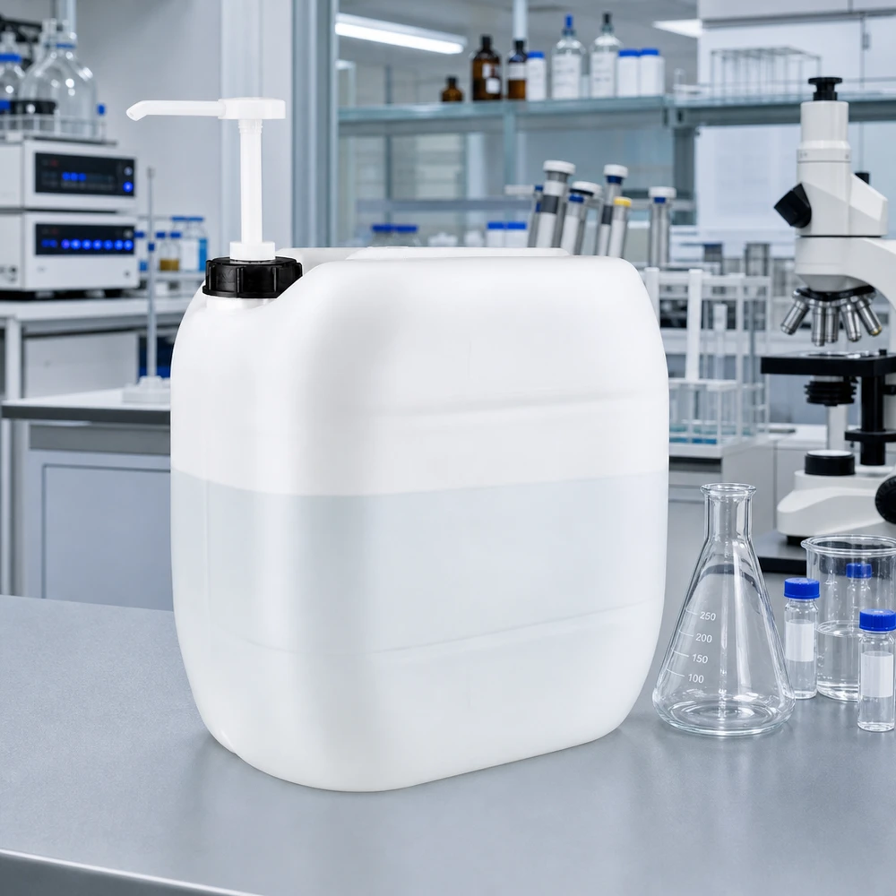 Bidón rectangular de HDPE de 30 litros con bomba dosificadora en un entorno de laboratorio moderno