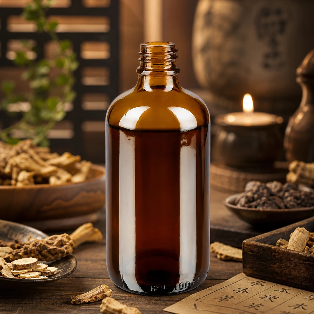 Frasco gotero 100 ml DIN 18 de vidrio ámbar Frasco de farmacia marrón de 100 ml ApoGlas con hierbas TCM ginseng y pimienta en la práctica curativa asiática