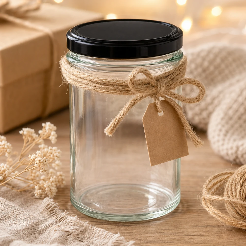 Vasos de 230 ml con tapa negra y cordón de yute embalaje de regalo decoración rústica proyecto artesanal
