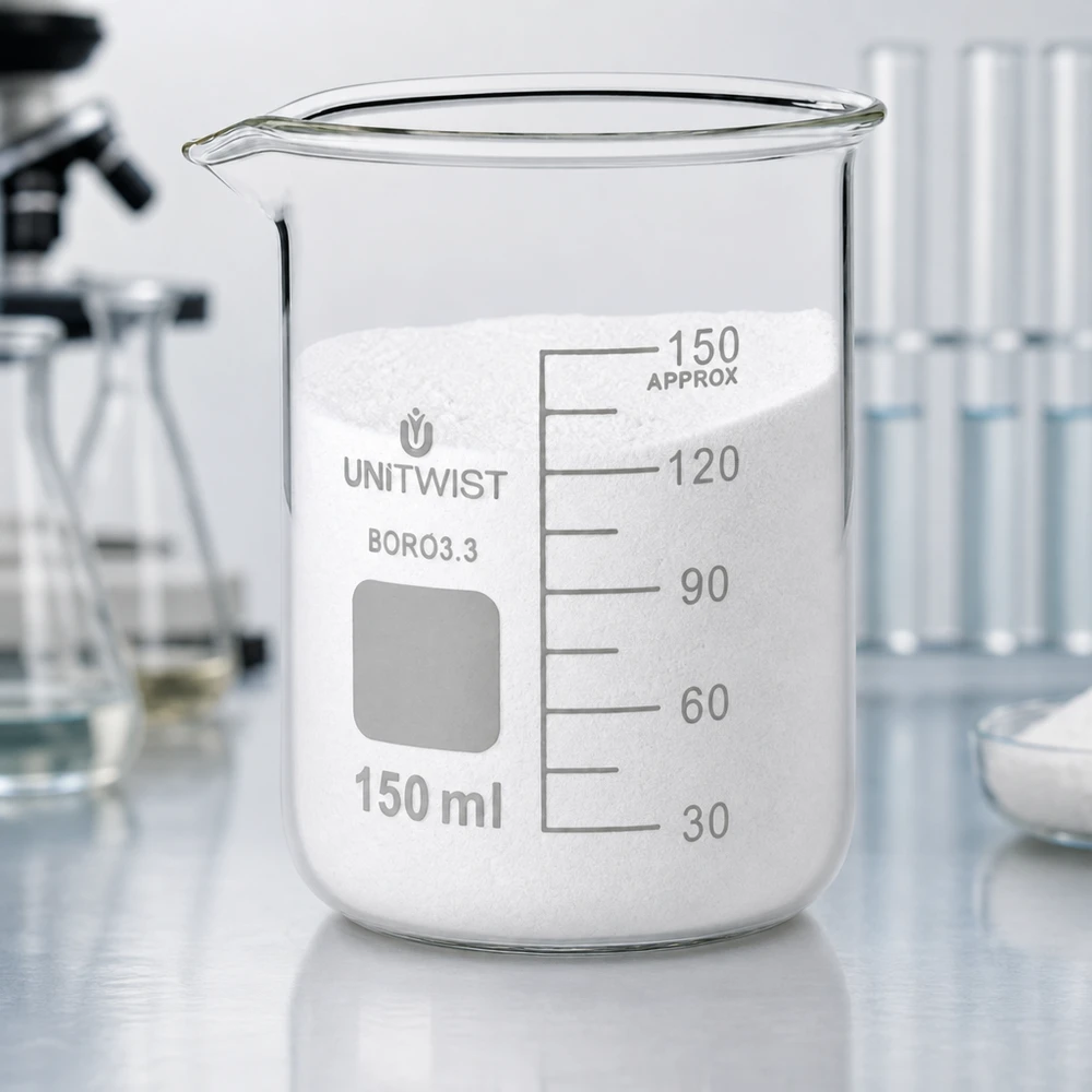 Vaso de precipitados UNiTwist de 150 ml, de borosilicato 3.3, de perfil bajo, lleno de polvo blanco en el laboratorio