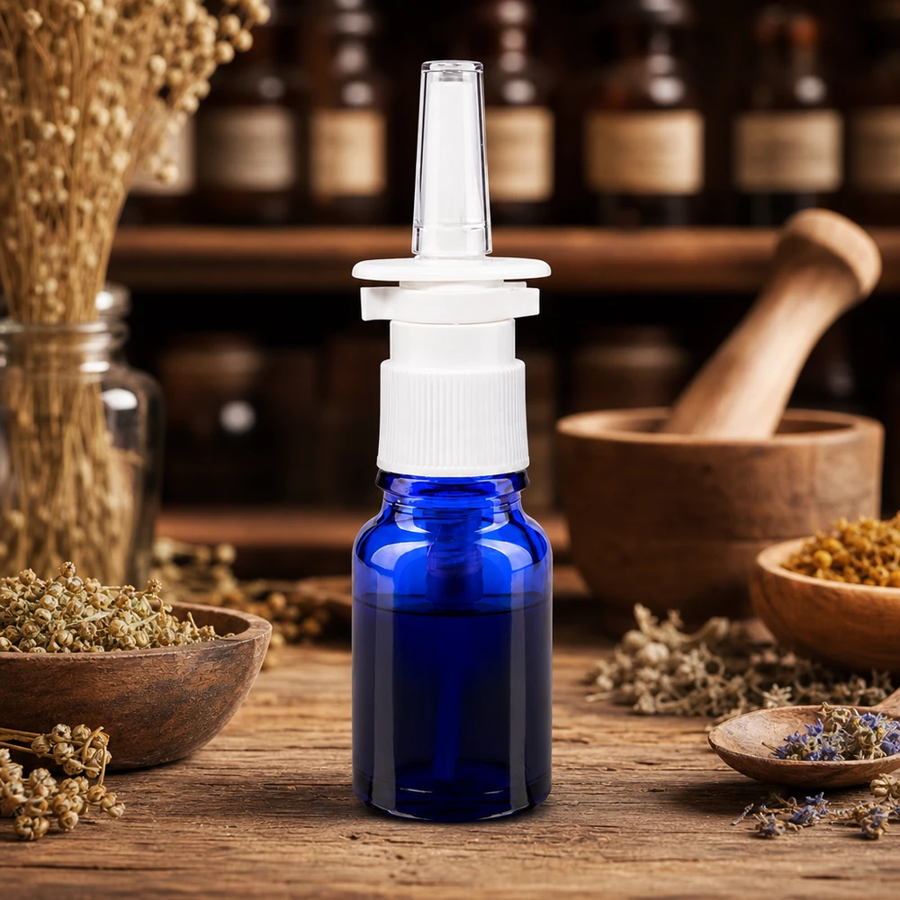 Botella de farmacia azul 10ml spray nasal blanco estándar Frasco compacto para spray nasal de 10 ml en azul cobalto con tapón dosificador blanco sobre una mesa de madera