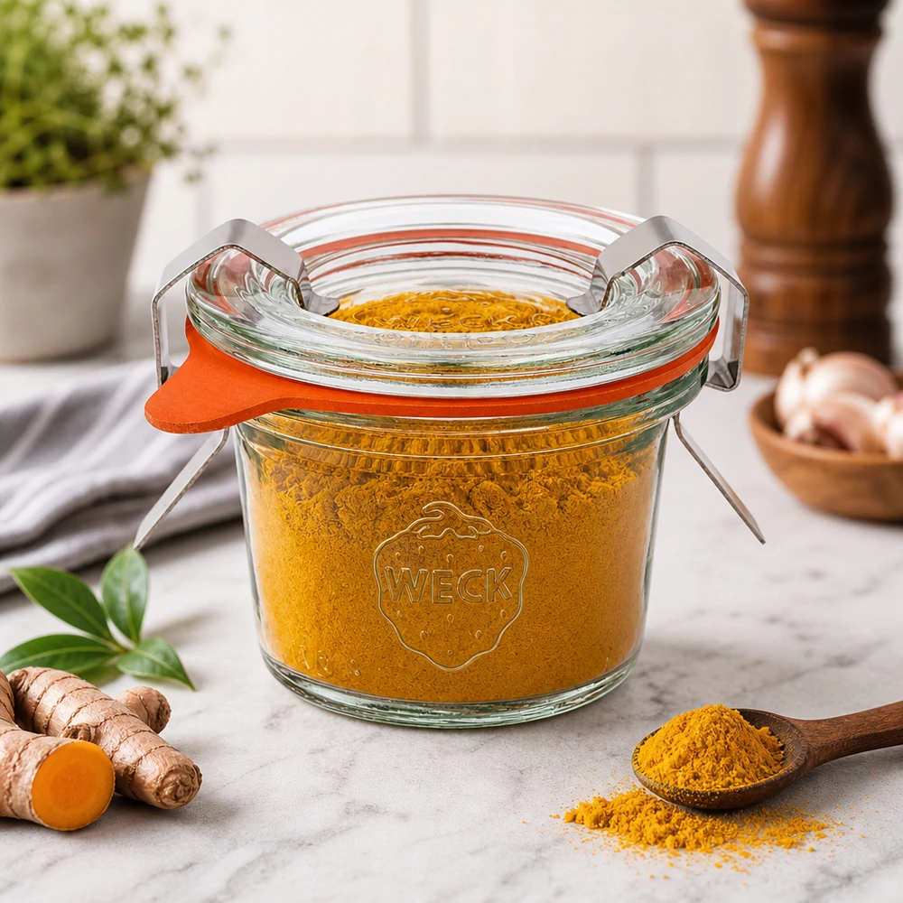Vaso de 35ml completo WECK RR40 Los vasos RR40 de 35 ml de WECK llenos de cúrcuma junto a jengibre fresco muestran el almacenamiento de especias y hierbas aromáticas