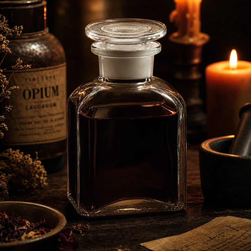 Frasco histórico de farmacia de 150 ml, transparente, de sección cuadrada, con tapón de cristal, para tinturas y remedios