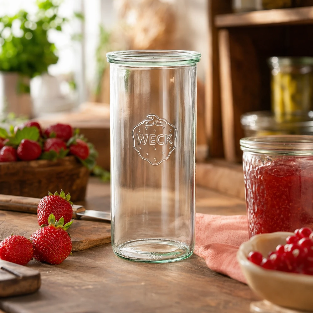 Vasos de 1500ml con tapa de cristal WECK RR100 Vasos WECK 1500ml RR100 en una cocina rústica con fresas frescas y mermelada como decoración
