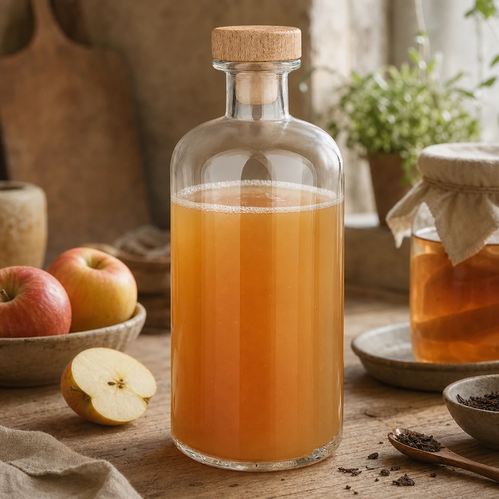 Botella de cristal Flora 500ml llena de vinagre de sidra de manzana entre manzanas frescas y especias sobre mesa de madera cocina rustica