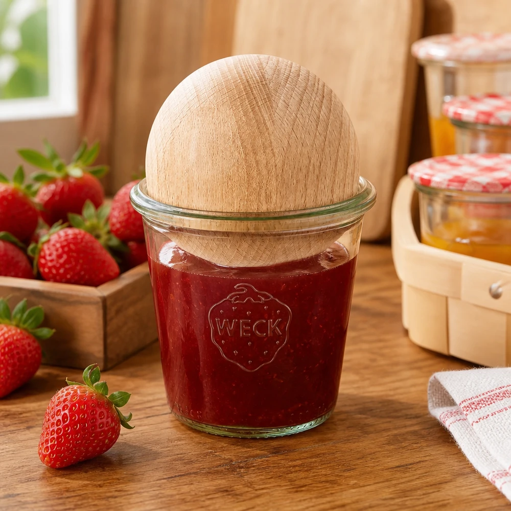 Vasos altos de 290 ml WECK RR80 con bola de madera de haya Tarro de conservas WECK 290ml RR80 relleno de mermelada de fresa y tapón de bola de madera de haya en cocina