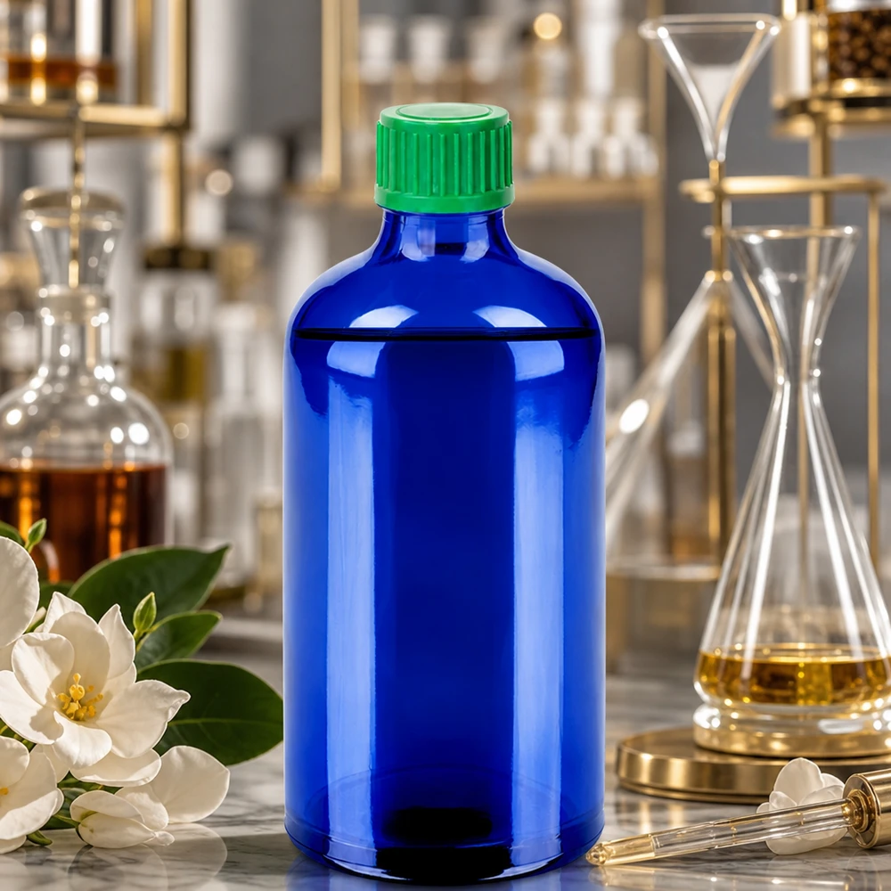 Frasco cuentagotas de 100 ml 0,8 mm verdeCierre estándar BlueLine UT18/100 Botella de vidrio azul de alta calidad de 100 ml con tapón de plástico verde para un almacenamiento seguro
