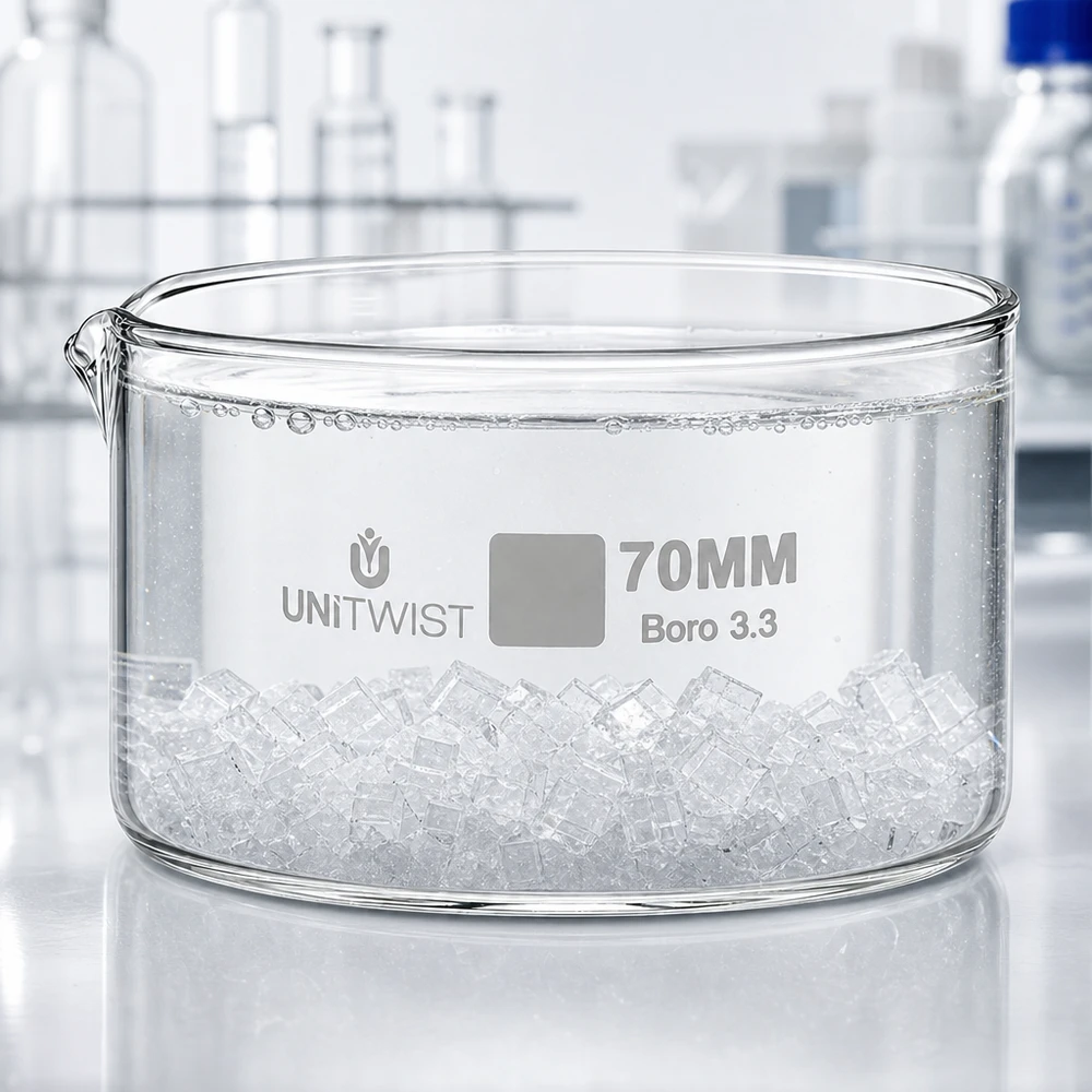 Bandeja de cristalización UNiTWIST de 70 mm, de boro 3.3, llena de cubitos de hielo en un entorno de laboratorio