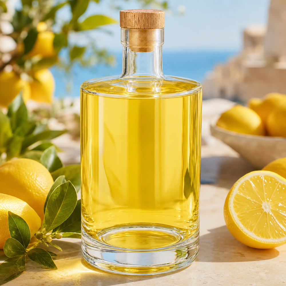 Botella de vidrio de 700 ml «Marie» con tapón de corcho con asa de madera UNiTWIST® Botella de cristal de 700 ml de Marie con contenido amarillo y limones dispuestos decorativamente sobre una mesa de madera al aire libre