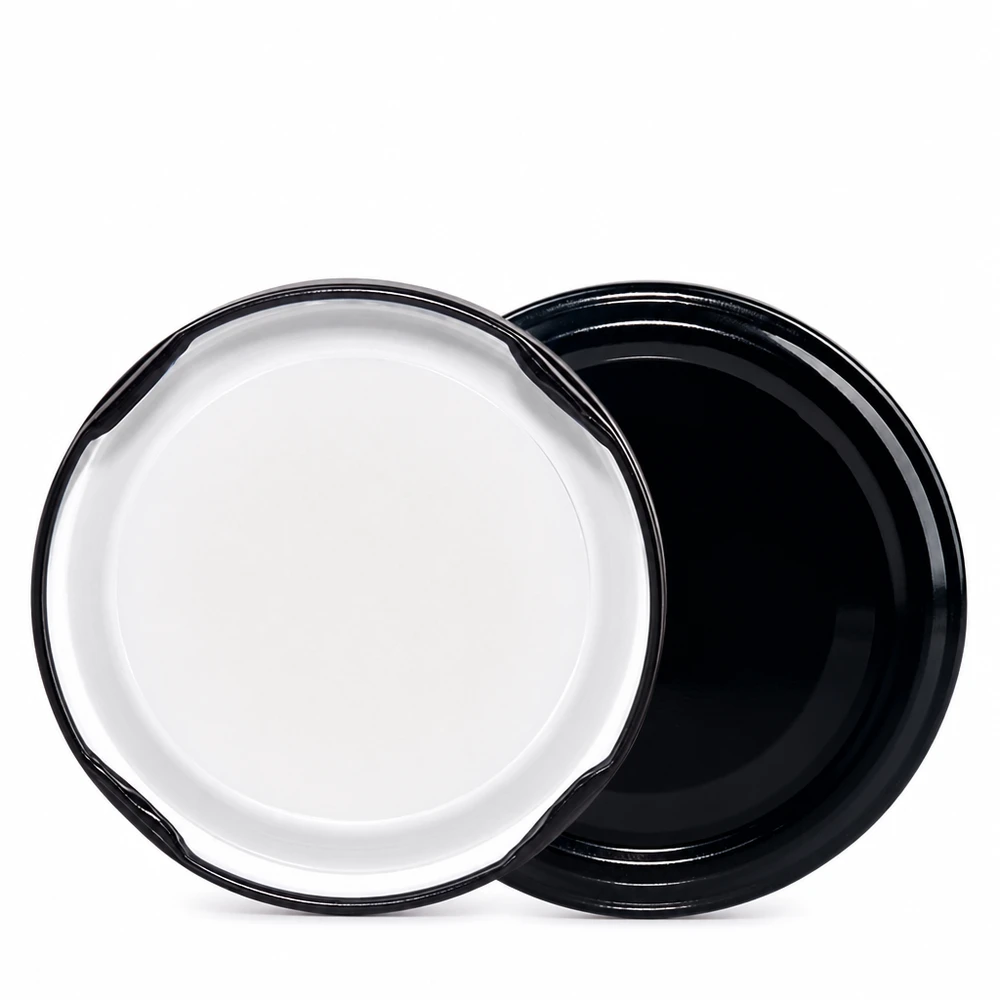Tapa de rosca UNiTWIST TO48, negra y blanca; vista interior de la tapa metálica BioSeal sin BPA ni NI